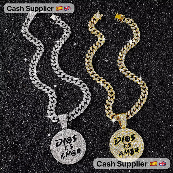 Cuban Chain Pendant Dios es Amor Diamond , Gold